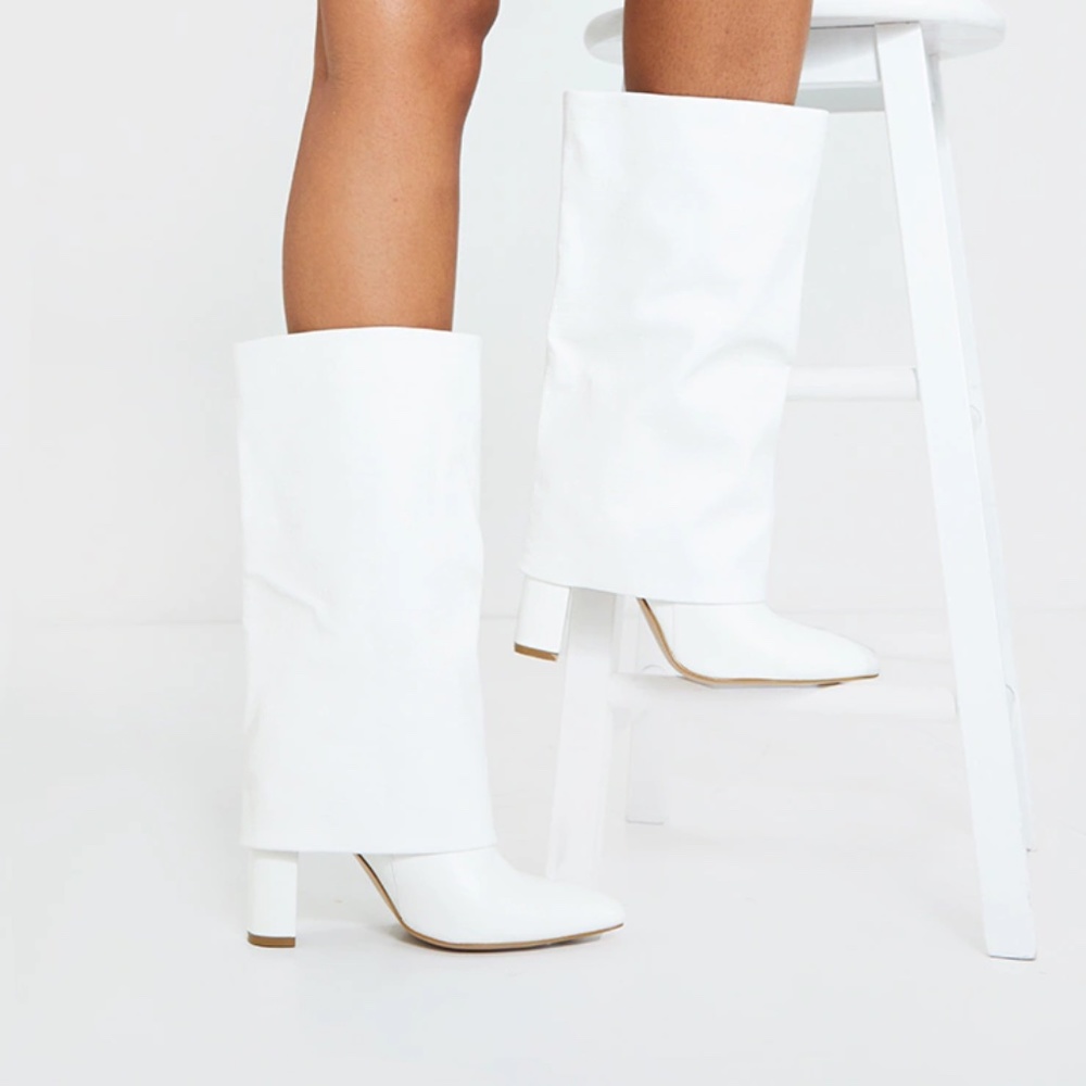 WHITE FOLD OVER HIGH POINT BLOCK HEEL CALF BOOTS